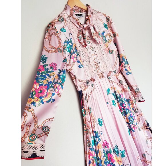 Dalia MacPhee Pink Lace Long Sleeve Printed Pleated Midi Dress M Vintage Luxe - Picture 9 of 16